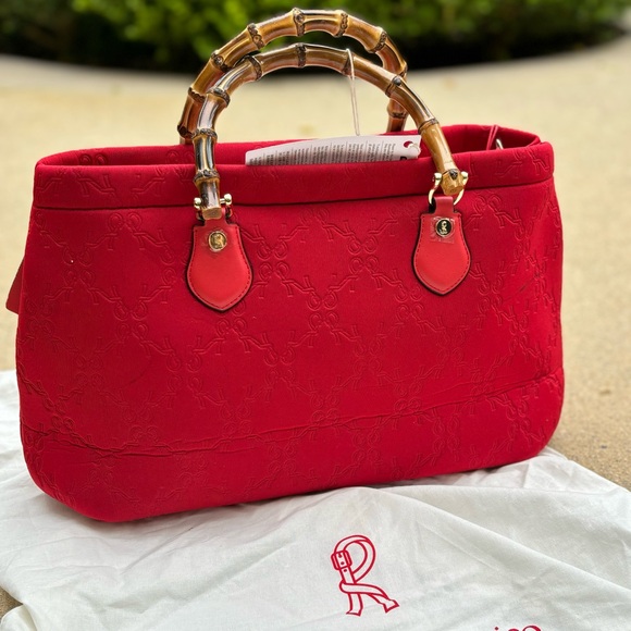 Roberta di Camerino Red Tote with Bamboo Handles Monogram Design - Picture 2 of 16